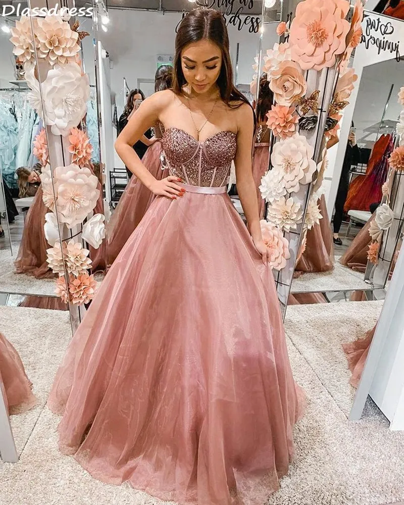 Rose Pink Evening Dress A-line Tulle Elegant Strapless Sleeveless Floor  Length Beads Crystal Sweetheart Neck Prom Dress Платье - Evening Dresses -  AliExpress