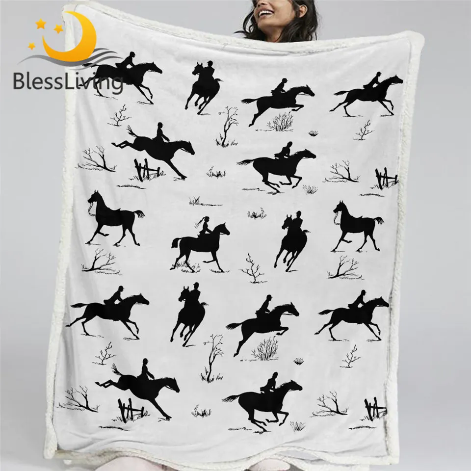 

BlessLiving Equestrian Sports Throw Blanket 3D Print Sherpa Blanket Black White Soft Plush Bedspreads Jockey Thin Quilt Dropship