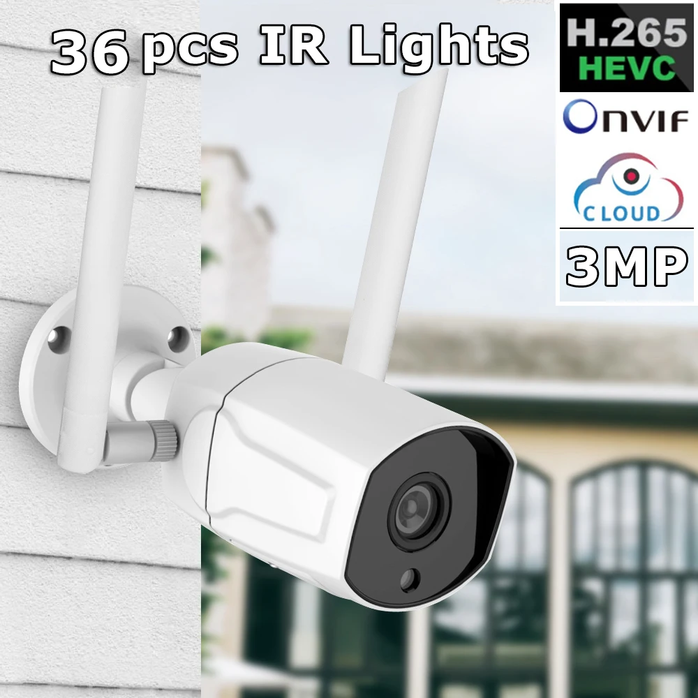 

1080P Wifi IP Camera Outdoor Wireless 36pcs IR Lights HD P2P Cloud ONVIF IP66 Waterproof Alarm Antenna Security Bullet