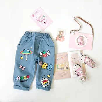 

Tonytaobaby Autumn Strawberry Fudge Print Worn Out Children's Jeans Girl Pants