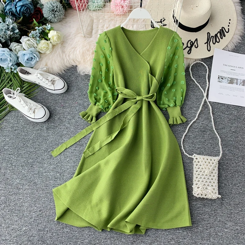 Neploe сезон: весна-лето белый V образным вырезом Вязаная Шерсть платье Зимний свитер с узором из шифона с рукавом Vestido тонкая талия трапециевидной формы вечерние платье 45789