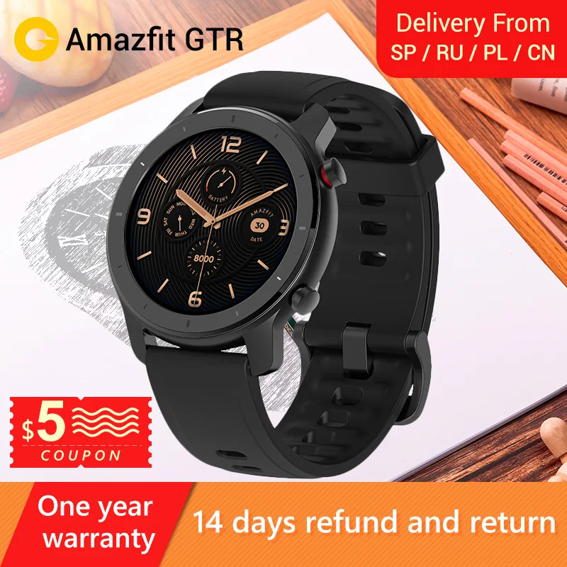 2019 Amazfit GTR 42 мм Смарт часы gps 5ATM водонепроницаемый 24 дня Срок службы батареи 12