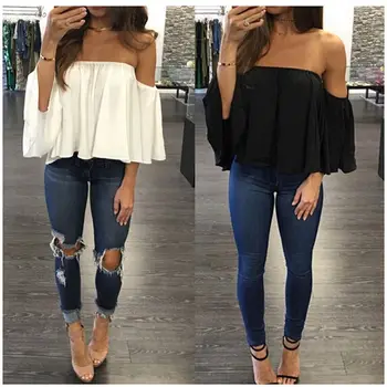 

Hot Sale Fashion Women Summer Sexy Off Shoulder Ruffles Short Sleeve Blouse Crop Tops Stylish Slash Neck Short Clothes