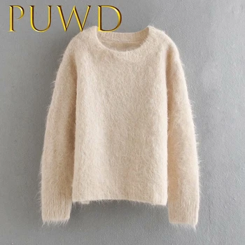 

PUWD 2019 Women's winter new two-color Alpaca soft warm round neck sweater with loose Top beige