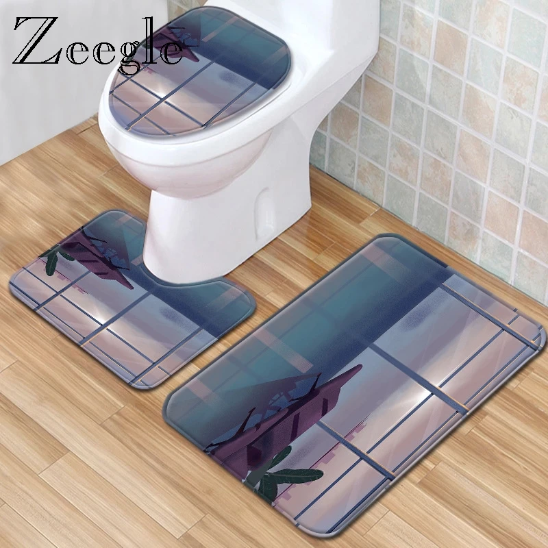 Zeegle 3Pcs/set Bathroom Mat Set Anti Slip Toilet Cover Seat Mat Flannel Soft Toilet Pedestal Rug Home Decor Bathroom Products