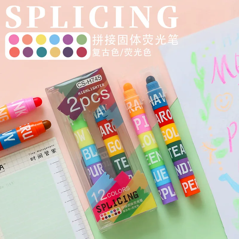 6-color Creative Design Splicing Solid Highlighter/Crayon Bullet Color Fluorescent Graffiti Pen Cute Stationery | Канцтовары для