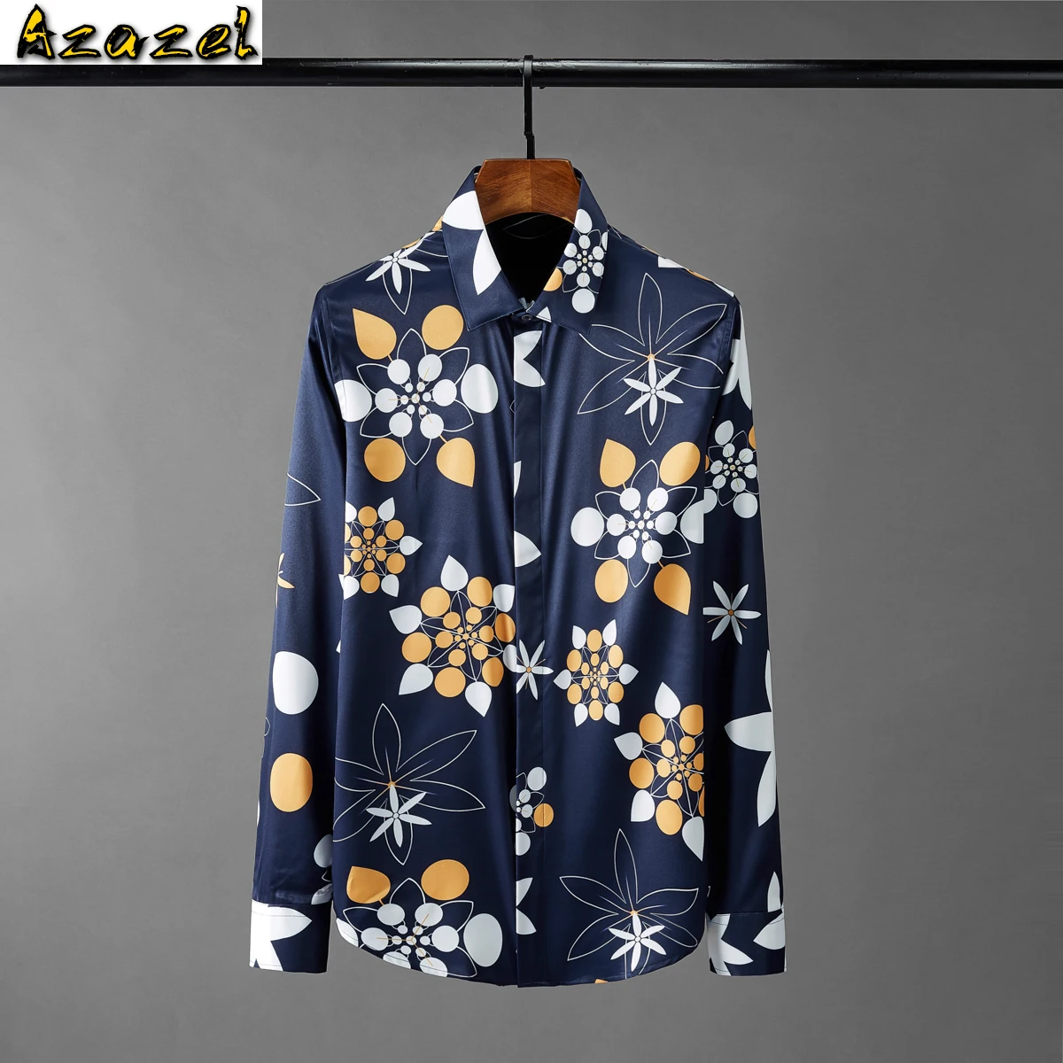

Azazel Navy Summer Mens Shirts High Quality Long Sleeve Flower All Printed Party Mens Dress Shirts Fashion Slim Fit Male Shirts