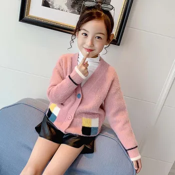 

Girl Sweater Thick Velvet Girl Cardigan Single-Breasted Girl Sweater Autumn Warm Patchwork Cardigan For Girls 6 8 10 12 14 Year