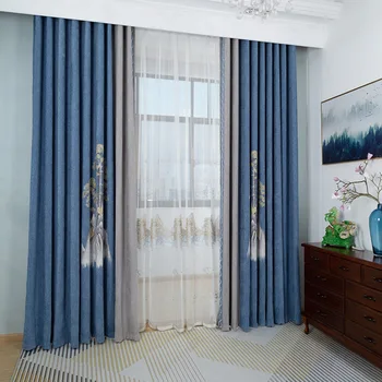 

Chenille jacquard blue grey splice flower curtain high blackout curtain for living room bedroom dining room