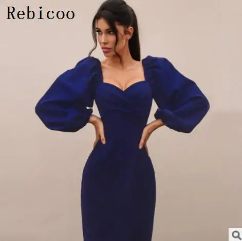 

Ladies Evening Party Dress Sexy Slim Square Collar Puff Sleeves Off-shoulder Solid Color Sexy Backless Elegant Dress