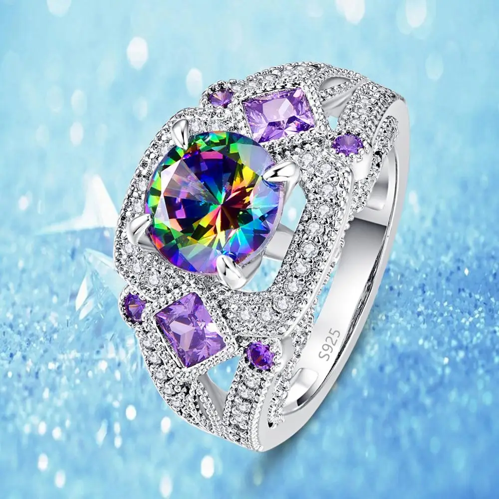J.C Round Cut Mystic Rainbow &amp White Topaz Amethyst 925 Sterling Silver Ring Size 6 7 8 9 Women Fine Dazzling Jewelry Gift | Украшения и