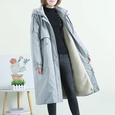 Универсальная утепленная верхняя одежда, Осеннее женское флисовое длинное пальто, прямая версия, свободная универсальная куртка с капюшоном выше колена - Цвет: blue gray