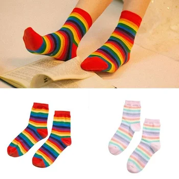 

New Women Socks 1 Pair Long Cotton Rainbow Color Striped Printed Novelty Fashion Lady Autumn Socks
