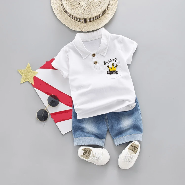 Cotton Toddler Baby Boy Turn-down Collar T-shirt Clothes Sets Summer Crown Jeans Short Children Clothing Costume for Kids Suits |
