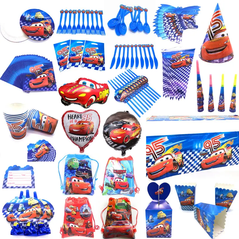 cheap Cartoon Dinsey Cars Theme Paper Cup Plate Straw Child Boy Lightning McQueen Birthday Gift Bag Banner Candy Box Tablecloth Supply
