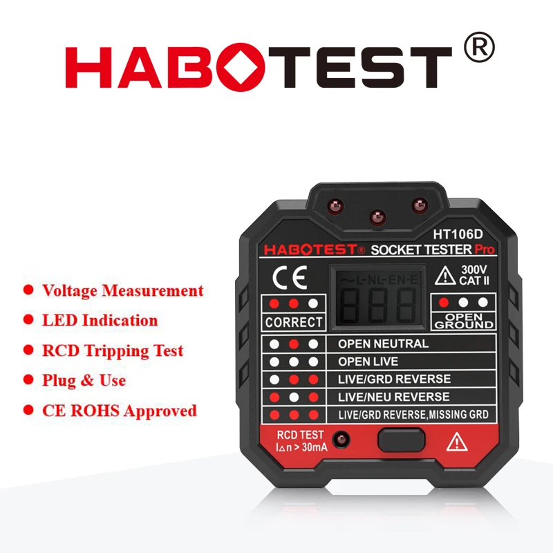 

Habotest HT106d Socket Tester Voltage Test Socket Detector EU Plug Ground Zero Line Plug Polarity Phase Check