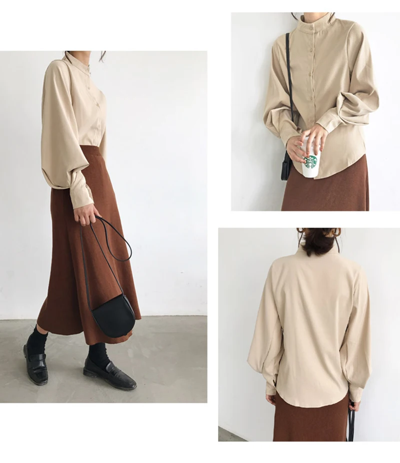 H6af90ad88bca45f7bf14f85561eb46214 - Spring / Autumn Stand Collar Big Lantern Sleeves Solid Blouse