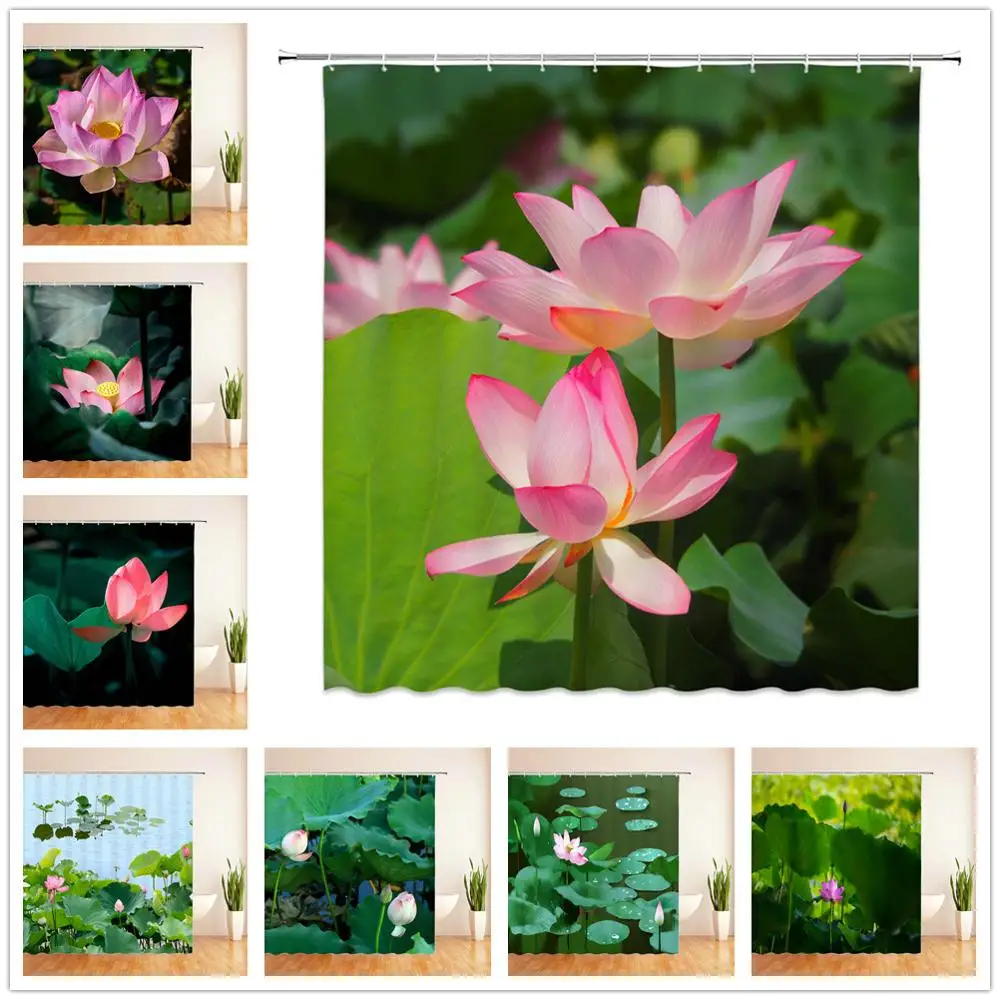 

Flowers Shower Curtains Summer Pink Lotus Green leaf Plant Scenery Bathroom Decor Home Bathtub Waterproof Polyester Curtain Set