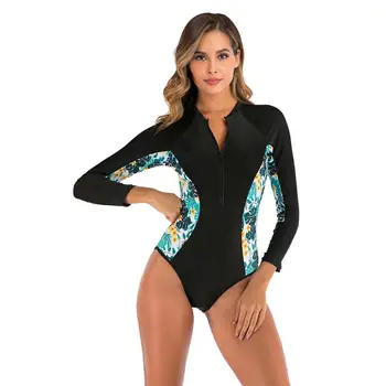 

New Long Sleeve Women Floral Print Swimwear One Piece Swimsuit High Neck Surf Suit Dive Bodysuit Beachwear