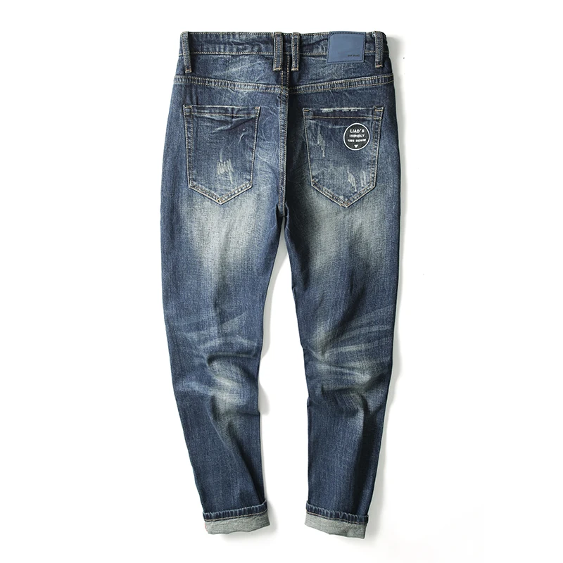Высокое качество, Лидер продаж, модные брендовые мужские джинсы, прямые осенние, ретро синие джинсы с карманами, мужские рваные джинсы высокого качества