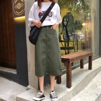 

2020 Spring Korean Women Solid Denim Skirt Vintage Vogue Button High Waist Skirts Kawaii Cute Casual Female Empire A-Line Skirt