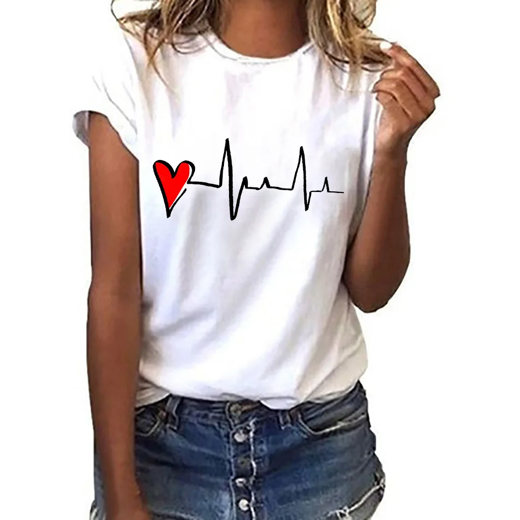 Women's T-shirt retro T-shirt ladies Basic Harajuku short-sleeved heart-shaped printed T-shirt casual O-neck top shirt ropa muje