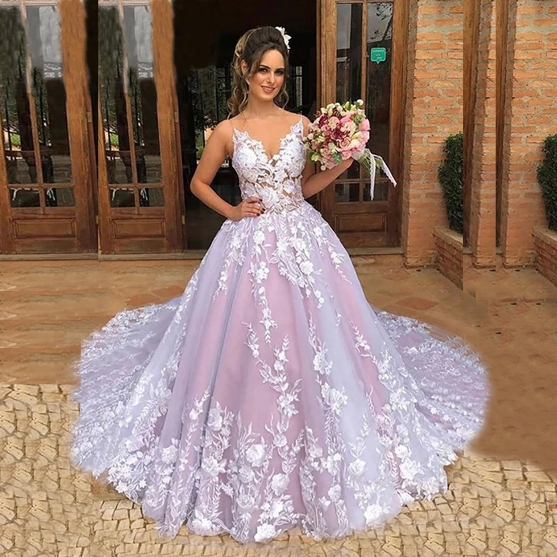 

High Fashion Lace Applique Ball Gown Bridal Wedding Gowns Plunge V Neckline Wedding Dresses for Bride Court Train Wholesale