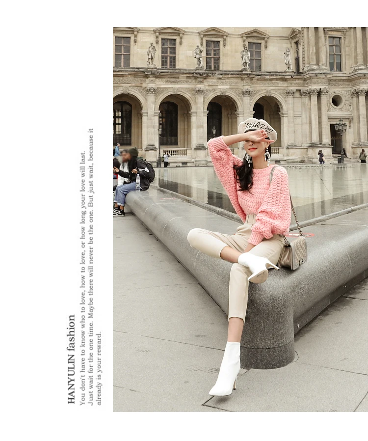 H Han Queen Solid Color Pink Batwing Sleeve Knitted Pullovers Sweater Women Winter New Loose Pullover Sweaters Casual Mujer Tops