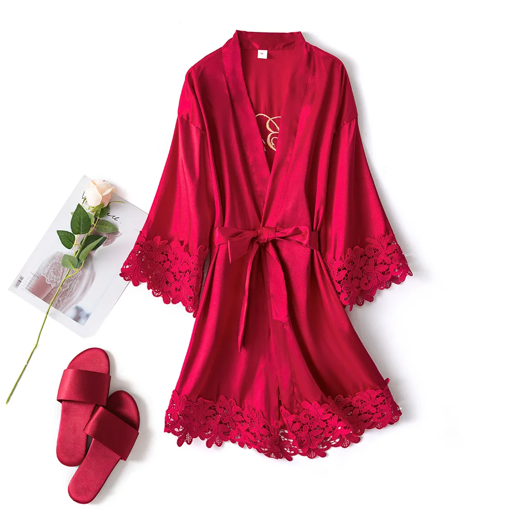 White Bride Bridesmaid Wedding Robe Satin Bathrobe Women Lace Patchwork Sleepwear Intimate Lingerie Sexy Nightdress Kimono Gown