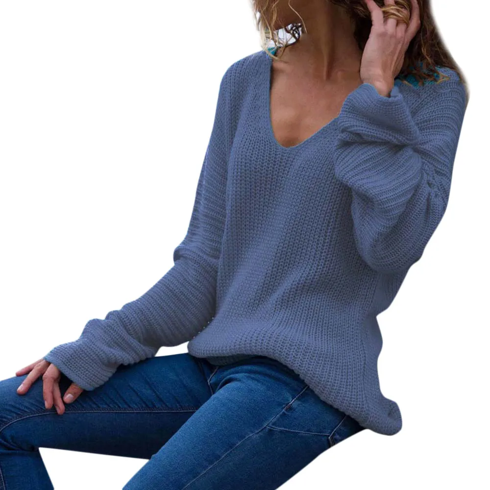 Модный свободный свитер для женщин, повседневный однотонный вязаный пуловер с v-образным вырезом, женский свитер с длинным рукавом на осень и зиму, Топы# BL35