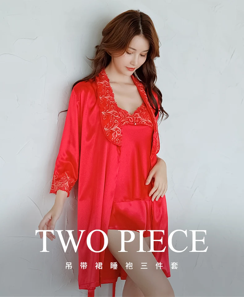 Conjunto de Pijama Conjuntos de 3 Sexy Silk Dormirwear Feminino Peças Verão Estilingue Shorts Robes Cetim Seda Vermelho Pijama X3215 Ice 2 Cheap Conjuntos de pijama
