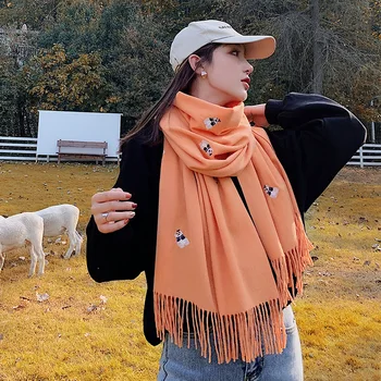 

Brand 2019 Embroidery Women Cashmere Scarves Winter Thicken Warm Soft Pashmina Shawls Wraps Female Wool Long Scarf Bandana Hijab