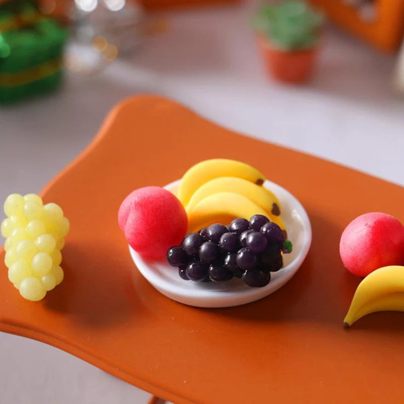 1/6 1/12 Scale Mini Simulation Fruit Plate Grape Banana Peach Dollhouse Kitchen Decoration 6Pcs/set pretend food toys pretend kitchen toys kitchen toys doll house toys