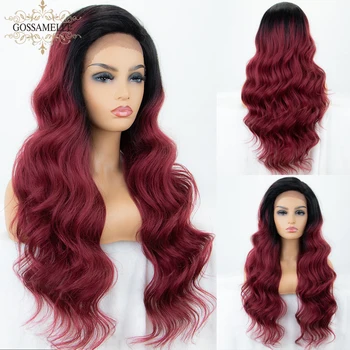 

Gossamelle Ombre Burgundy Red Lace Front Wig Long Wave Synthetic Wigs For Women Cosplay Wigs With Dark Roots