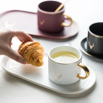 

2020 Retro Luxurious Gold Rim Ceramics Coffee Cups and Saucers Spoon Set with Gift Box Tea Soy Milk Breakfast Mugs Dessert Plate