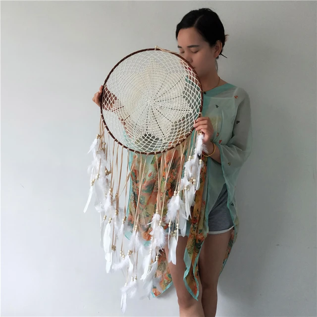 Atrapasueños hecho a mano de gran tamaño, atrapasueños de plumas blancas  tejidas de algodón Beige para colgar en la pared, adorno Vintage rústico  para decoración del hogar - AliExpress