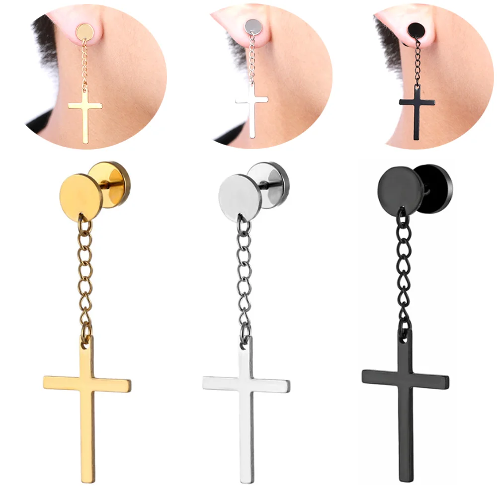 2Pcs 1.0x6mm Simple Dumbbel Black Cross Tassel Earring Stainless Steel Ear Piercing Jewelry Drop Chain Earrings Helix Stud | Украшения и