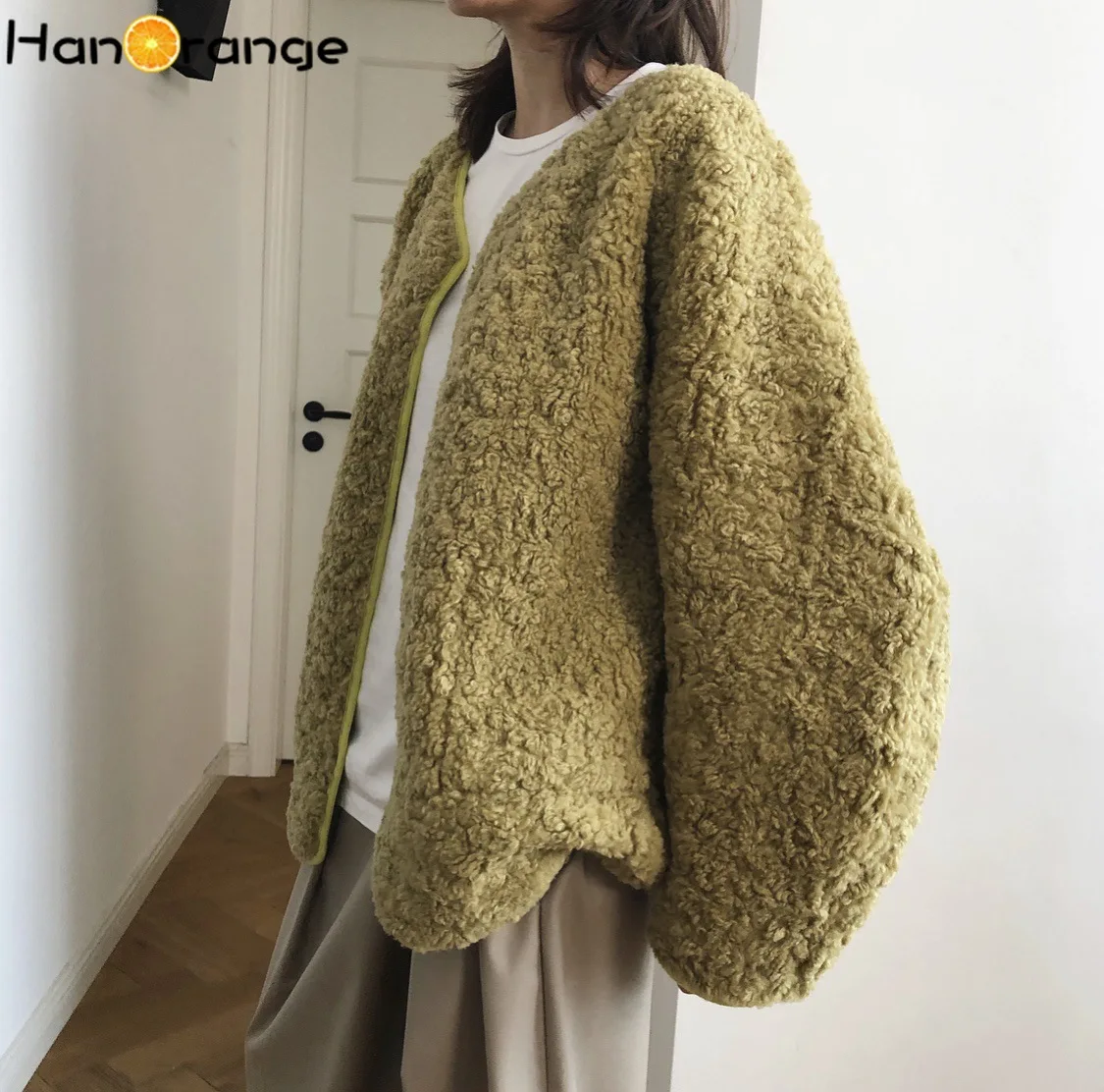 Winter Women Fashionable Soft Double-Sided Wearable Lambswool Coat Loose Padded Cocoon Wool Coat