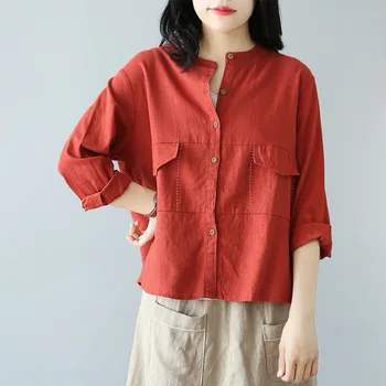 

2020 Spring Casual Versatile Solid Color Cardigan Loose Large Size Comfortable Cotton And Linen Shirt Women Blouse And Tops Z2