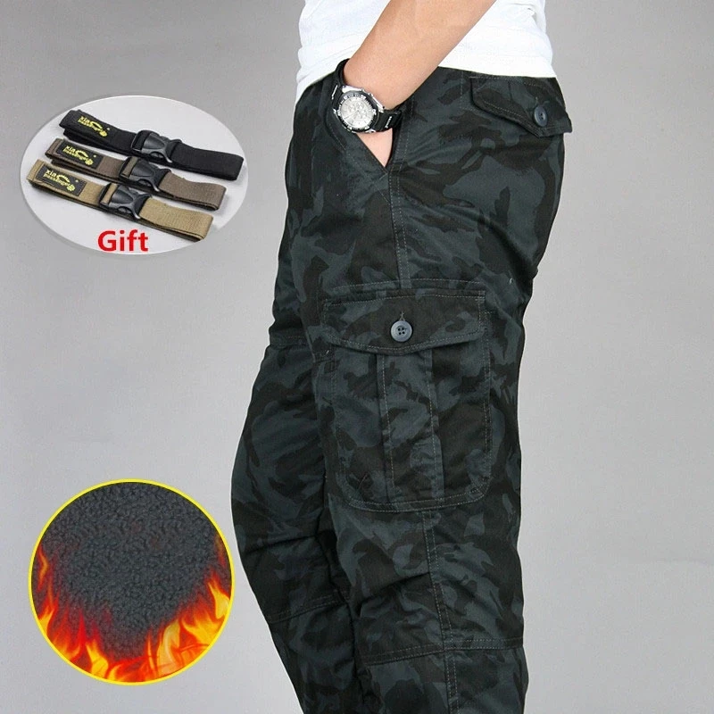 Winter Fleece Military Cargo Pants Men Thick Warm Double Layer Casual Cotton Trousers Camouflage Army Combat Baggy Pants 5XL black cargo pants