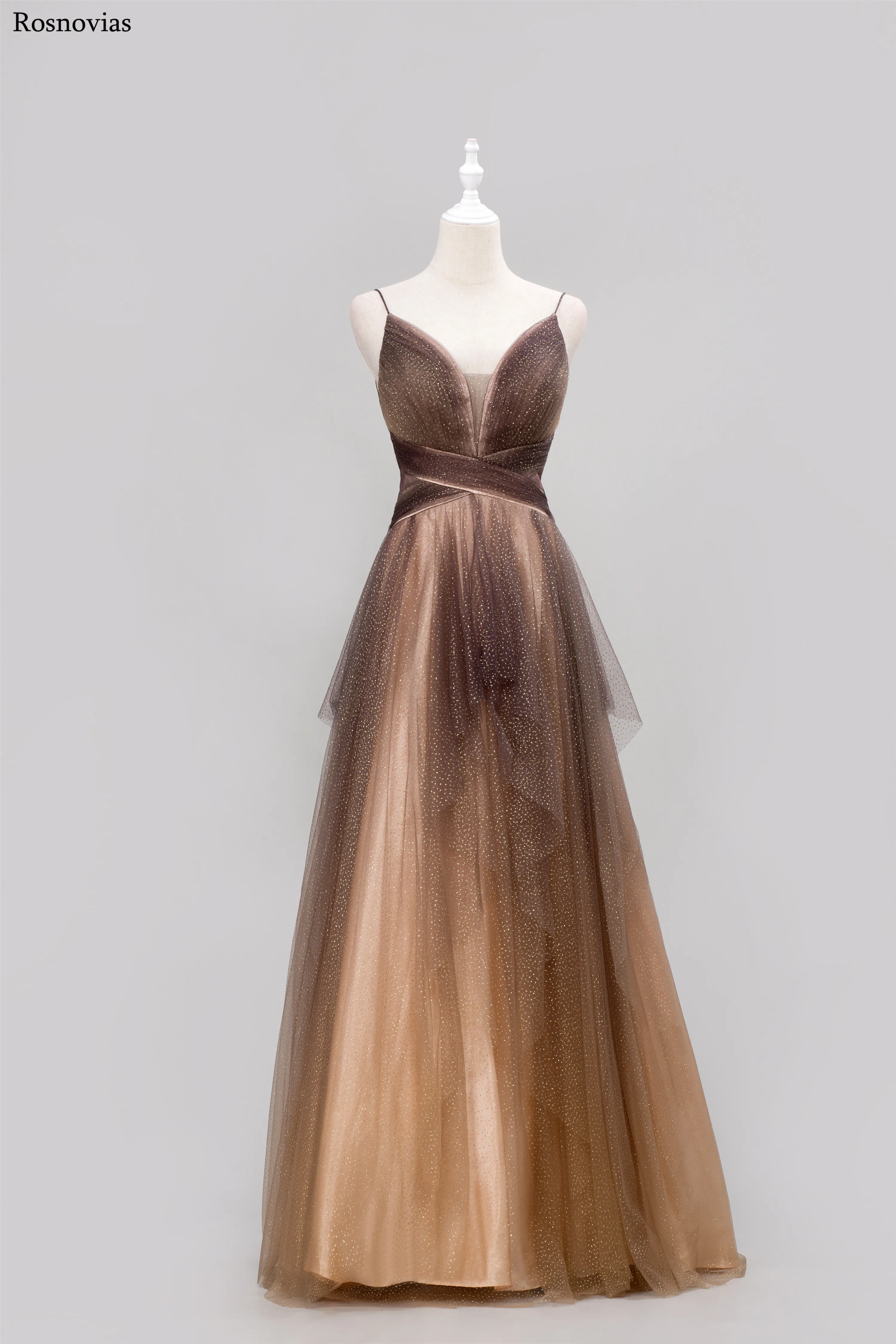 

Shiny Prom Dresses 2020 Spaghetti Strap V Neck Sweep Train Open Back Tulle A Line Evening Party Dresses Formal Gowns Customized