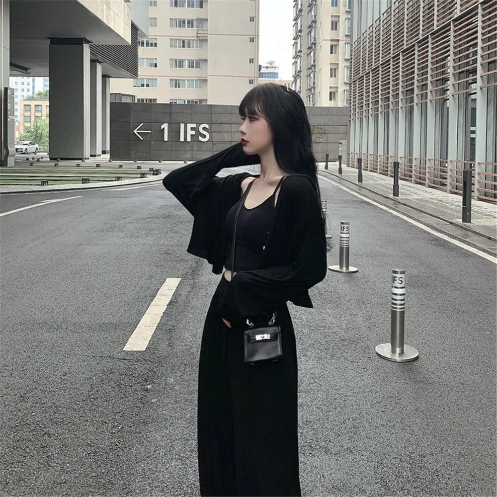 Women 3pcs Sets Cropped Single-Breasted Cardigan Elastic HIgh Waist Drawstring Soft Breathable Wide Leg Pants Casual Female Suit two piece skirt set