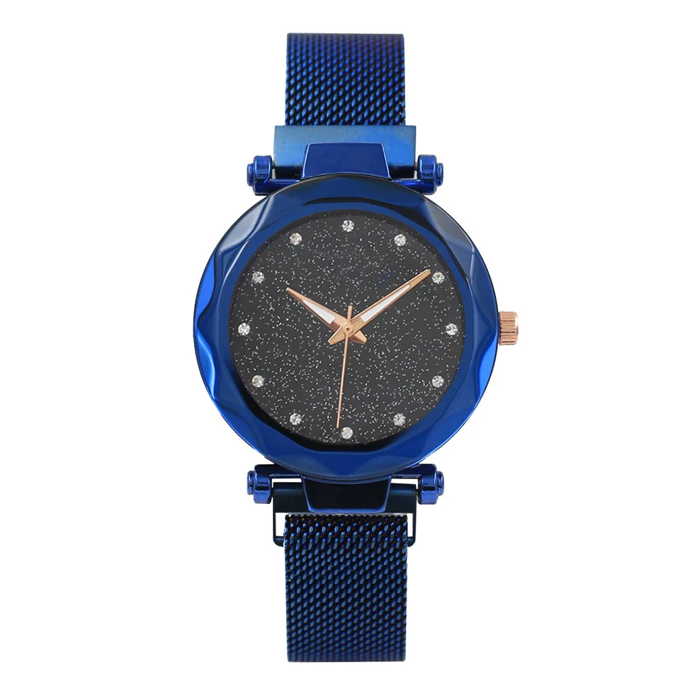 Роскошные часы звездного неба из нержавеющей стали с сетчатым браслетом для женщин, Кристальные Аналоговые кварцевые наручные часы, женские спортивные часы - Цвет: Blue