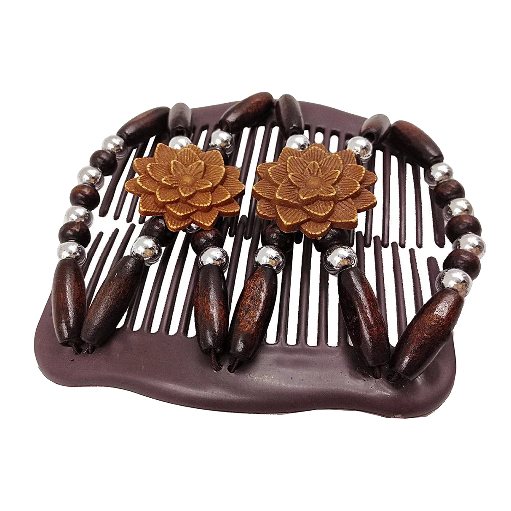 Double Stretch Hair Combs Woman With Wood Beads Vintaje Woman Lady Elastic Clip