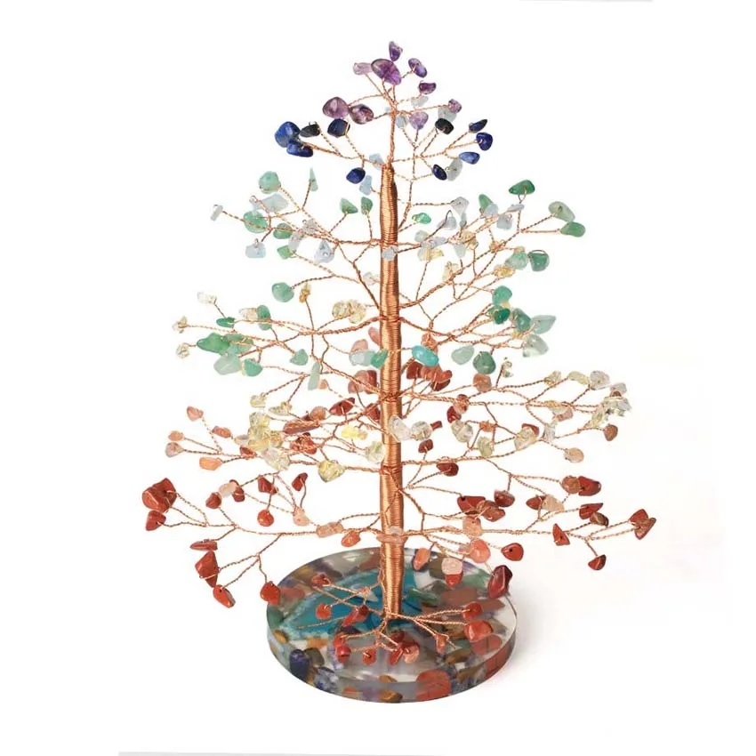 KFT 7 Chakra Natural Crystal Money Tree with Agate Slices Round Resin Gravel Stone Lucky Tree for Life Fengshui Home Decor
