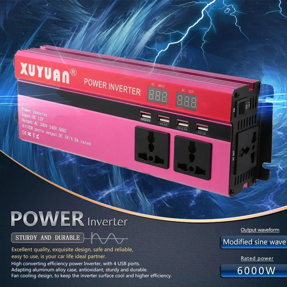 Professional 6000W Solar Power Inverter DC 24V to AC 220V LED Display Car Sine Wave Converter for Household Appliances Red