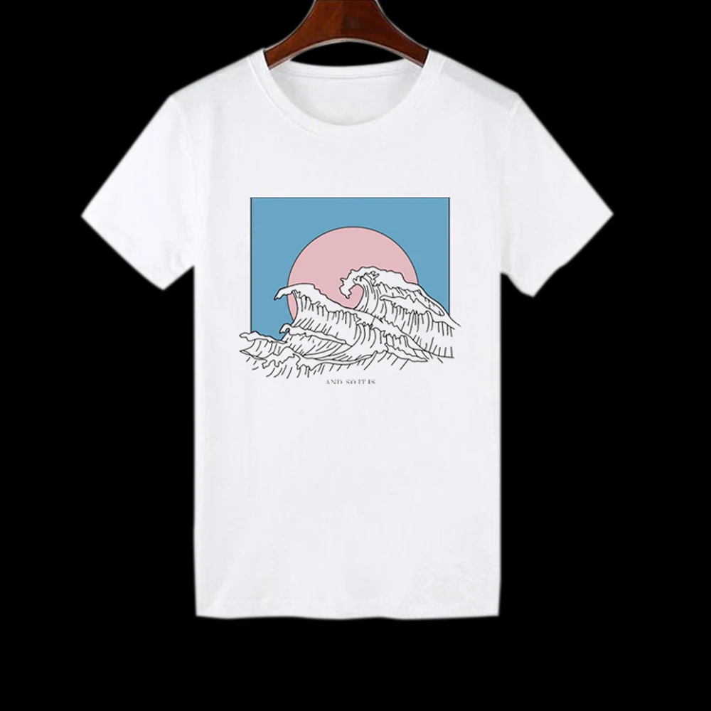 

2019 New Fashion Women Top Short-sleeved Round Neck Tops Female Summer Wave Printed T-shirt Clothes Tops Couple White Tees