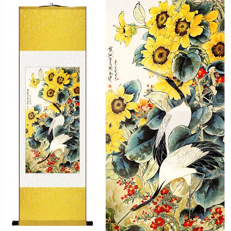

Chinese silk watercolor flower and birds ink rich cranes feng shui wall picture damask framed decorative canvas scroll painting