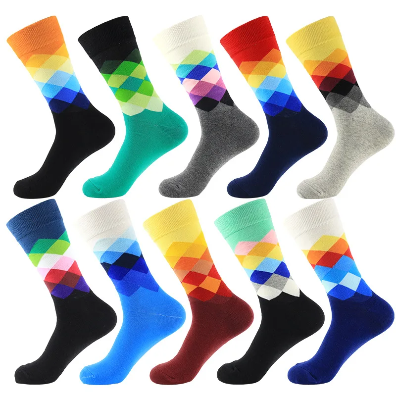 

2019 Men Socks Cotton Casual High Quality Diamond pattern Business Colorful Clothes happy Socks Men