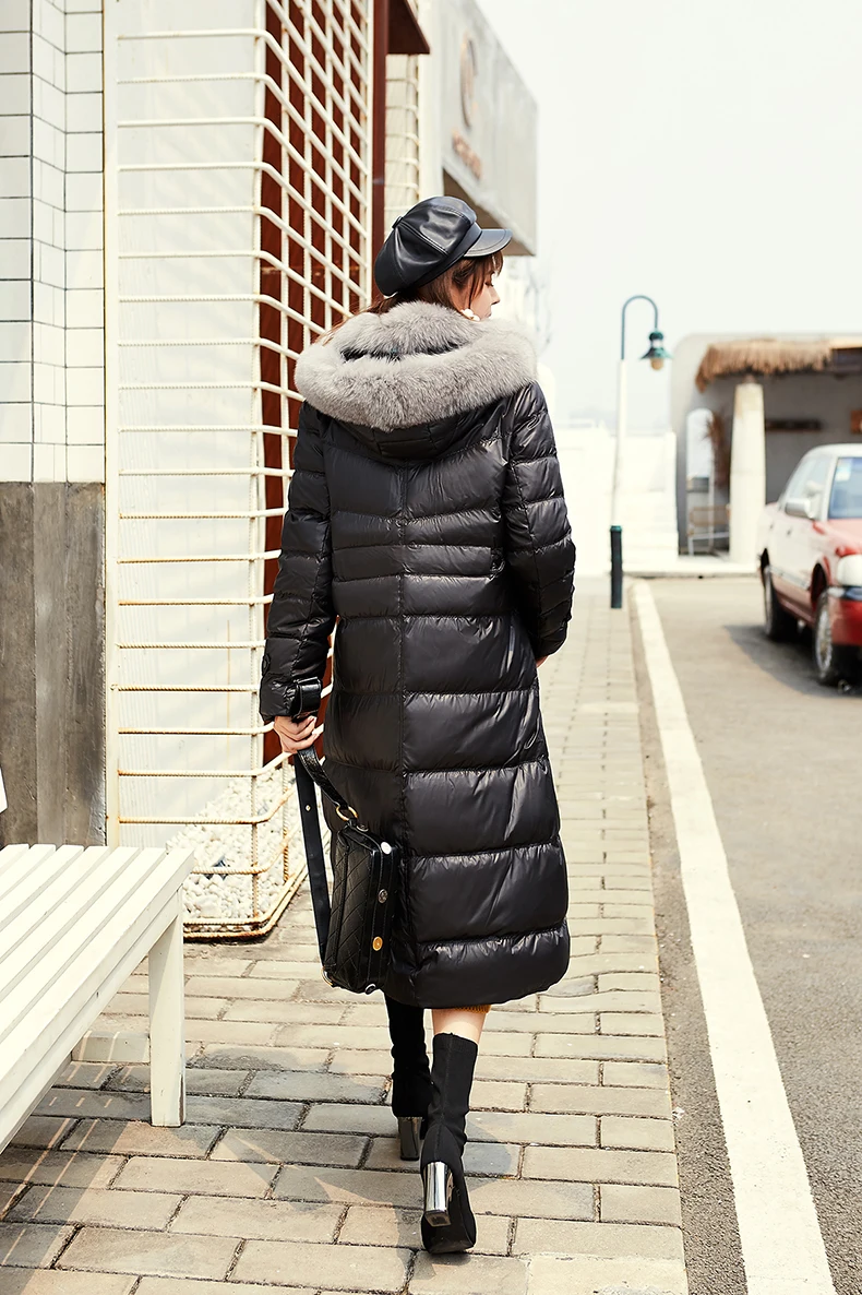 Winter New Fox Fur Collar White Duck Down Jacket Long Section Tie Waist Coat White black green